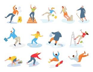 Fototapeta na wymiar Collection stickers with falling people, vector illustration. Adult man woman character fall on slippery surface. Dangerous action, hurted person.