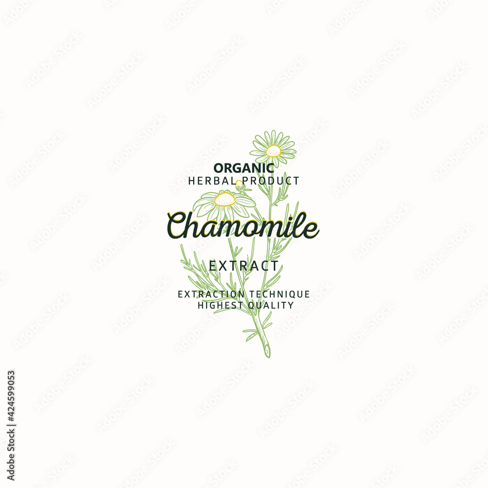 Wall mural Chamomile symbol natural logo, vector brand identity in line sketch style. Hand drawn nature label. 