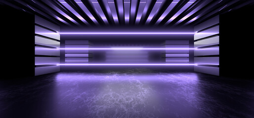 Sci Fy neon lamps in a dark tunnel. Reflections on the floor and walls. 3d rendering image.