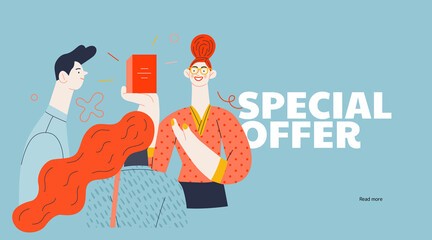 Discounts, sale, promotion, web template. Flat vector