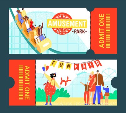 Amusement park ticket design, vector illustration. Circus entertainment background, carnival tent at fun invitation banner.