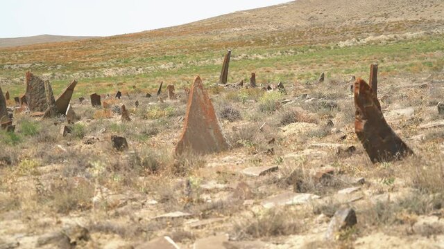 Tombstones and obelisks in the prehistoric cemetery.Anthropomorphic kurgan stone stelae statue menhirs steles ancient monument.Menhir orthostat lith old bronze age megalith Stele mass graveyard grave 