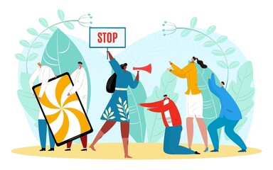 Offline smartphone screen, woman stop digital addiction, vector illustration. Exit social media lifestyle, technology detox concept.