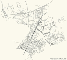 Black simple detailed street roads map on vintage beige background of the borough Circoscrizione 6 (Barriera di Milano, Regio Parco, Barca, Bertolla, Falchera, Rebaudengo, Villaretto) of Turin, Italy