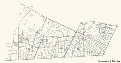 Black simple detailed street roads map on vintage beige background of the borough Circoscrizione 4 (San Donato, Campidoglio, Parella) of Turin, Italy