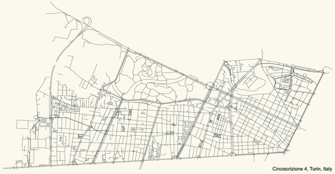 Black simple detailed street roads map on vintage beige background of the borough Circoscrizione 4 (San Donato, Campidoglio, Parella) of Turin, Italy