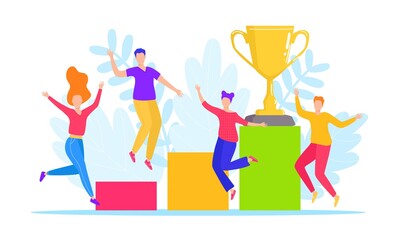 Success people win trophy, vector illustration. Cartoon man woman character winner, happy victory in competition achievement.