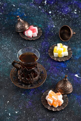 Close up photo of Tea and sweet candies
