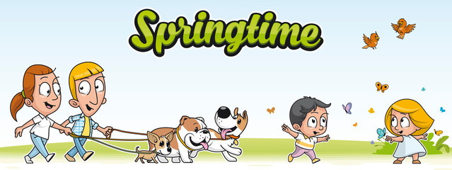 Group of people in a springtime day in the countryside