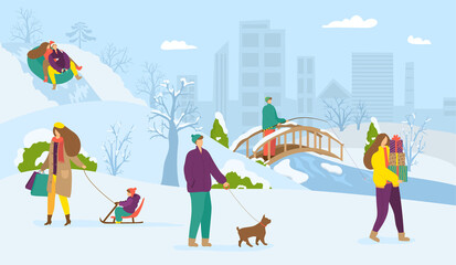 Winter city park, happy man woman character outdoor vector illustration. Christmas holiday walk, cold snow season landscape.