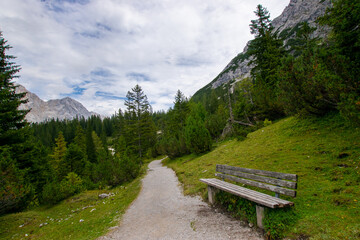 wooden bench in the mountains (Ehrwald, Tyrol, Austria)