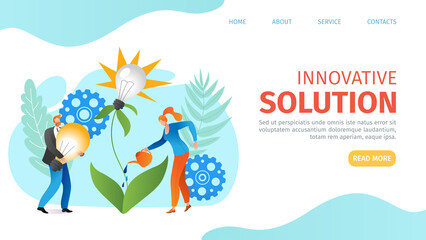 Innovation solution, lamp light - creative business idea, vector illustration. Flat creativity by people man woman character, web page concept.