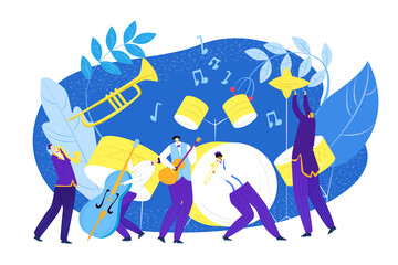 Jazz band with cartoon instruments at musical festival concert concept, vector illustration. Musician people character play at saxophone, trumpet