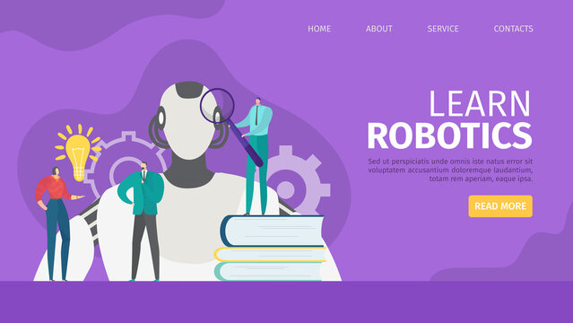 Robot technology, learn robotics concept vector illustration. Artificial intelligence futuristic machine for science, web page. Man woman character