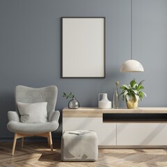 Poster mockup with vertical frames on empty dark wall in living room interior with velvet gray armchair.