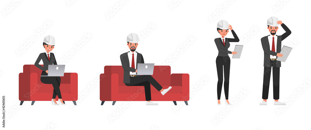 Poster set of engineer people working character vector design. presentation in various action with emotions