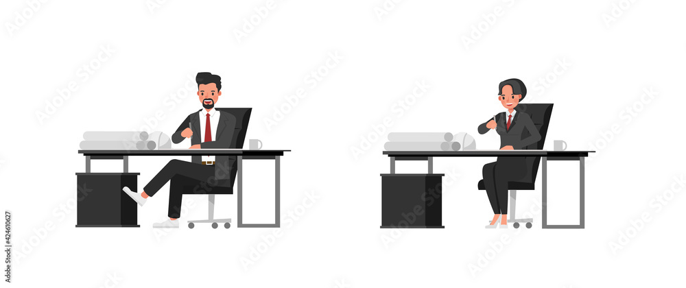 Poster set of engineer people working character vector design. presentation in various action with emotions
