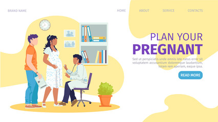 Mother plan flat pregnant, vector illustration. Pregnancy planning for woman man character family concept website. Motherhood care