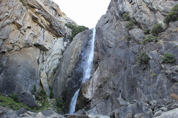Valley View of Mountain Waterfall in Yosemite National Park, California