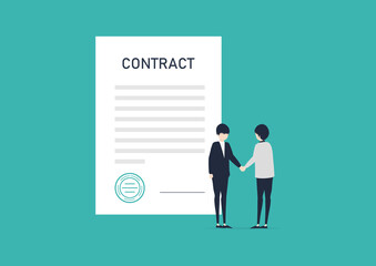 Obraz premium 契約書の前で握手する2人の男性のイラスト素材