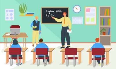 School education with teacher, english lesson at class vector illustration. Boy girl pupil charcater learn and get knowledge.