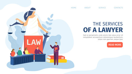Lawyer service web page, vector illustration. Business law for office person character landing banner, company work with client.