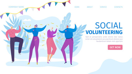 Social volunteering, happy volunteer team vector illustration. Charity donation for care assistance and support, landing banner.
