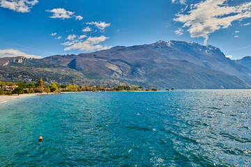 Fototapeta premium View of the beautiful Lake Garda Asurrounded by mountains, Garda lake in the spring time,Trentino alto Adige region,italy