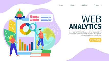 Web analytics, vector illustration. Business people chacater make analysis at flat computer screen technology, website concept.