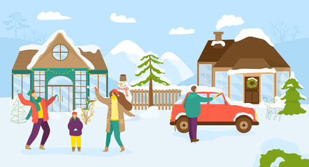 Fototapeta premium Christmas holiday near house, vector illustration. Winter city street with snow background, cartoon happy people scene. Flat celebration