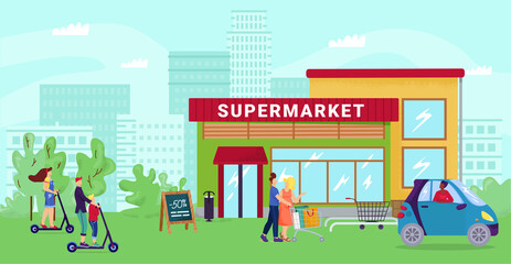 Obraz na płótnie Canvas Supermarket at cartoon street, flat city shop vector illustration. Urban market background, people go shopping to store concept.