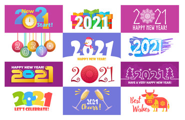 Fototapeta premium New Year's attributes, bright banners set vector illustration. 2021 lettering poster, multicolored numbers and flat winter decorations.