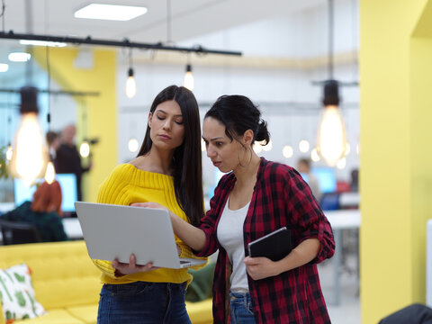 female friends discussion about project at moder coworking office