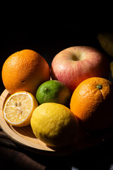 group of fresh ripe fruits . Food concept background.
