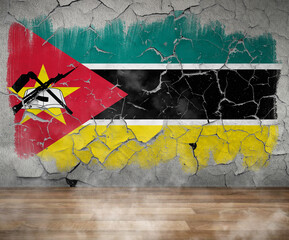 Mozambique Flag Cracked Paint on empty wall room with smoke Single Flag  