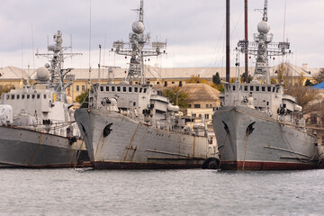 The arrested Ukrainian ships in Sevastopol. A number of old warships. Ukrainian ships in the...