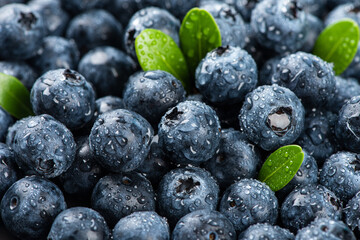 Water drops on ripe sweet blueberry. Fresh blueberries background