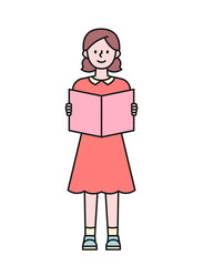 A girl in a red dress is standing with a book. flat design style minimal vector illustration.