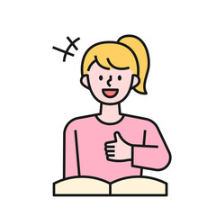 A girl doing thumb up while reading a book. flat design style minimal vector illustration.