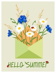 Vector summer illustration with an inscription on an isolated background. Beautiful daisies, cornflowers,herbs in the envelope will become a postcard, a print, a sticker, an element of gift packaging.