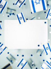 Israel. Independence Day. National flag on a white foggy background. The concept of freedom, memory and patriotism. Mockup. Copy space
