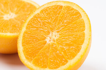 orange slice, half cut orange on white background.