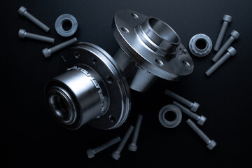 automotive parts. Set of new metal car part. Auto motor mechanic spare or automotive piece isolated...