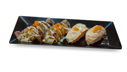 Sushi Salmon and sushi burn wagyu, die cut on white isolated.