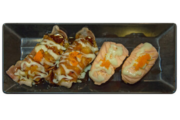 Sushi Salmon and sushi burn wagyu, die cut on white isolated.