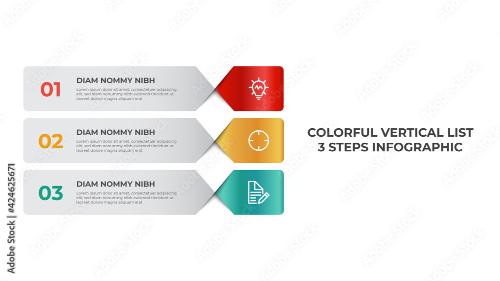 Poster vertical list infographic element template, business data visualization layout with 3 points of step