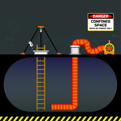 Confined space work illustration at industry or construction. Safety rules of permit entry. © wijas