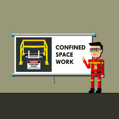 Safety officer on presentation of confined space work entry illustration with access ladder.