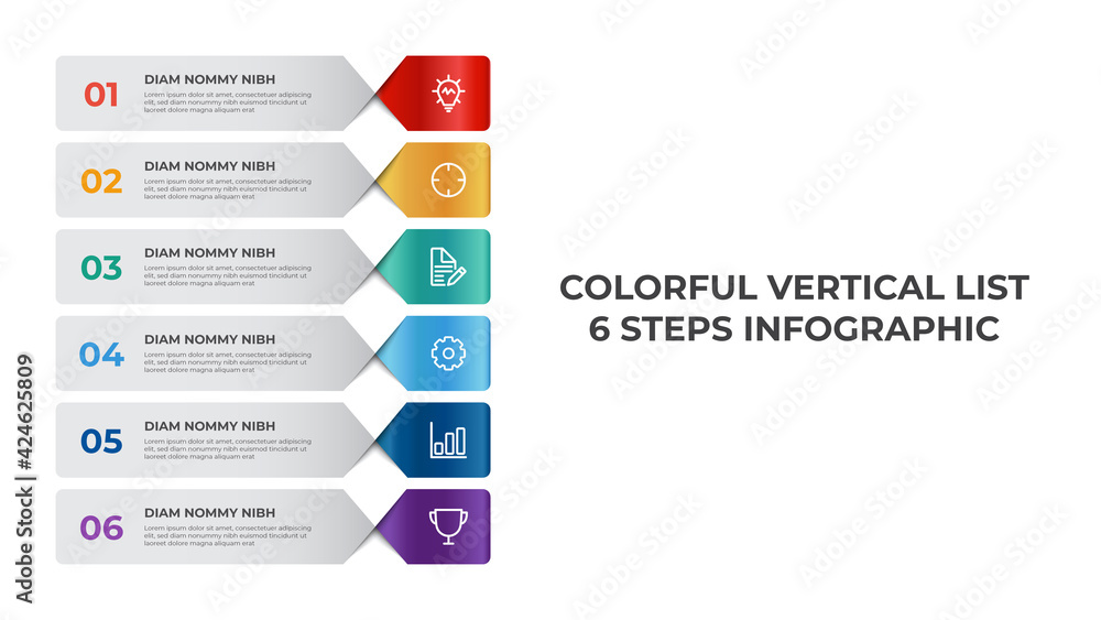 Poster vertical list infographic element template, business data visualization layout with 6 points of step