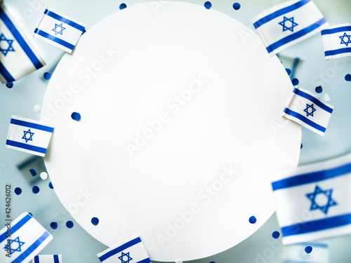 Israel. Independence Day. National flag on a white foggy background. The concept of freedom, memory and patriotism. Mockup. Copy space